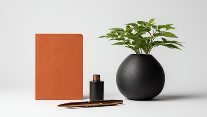 Muted orange notebook, dark vase, plant, pen