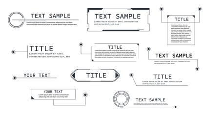 Text box frame, title callout tech hud border menu, modern line interface board. Set game elements, web design template for text, banner.