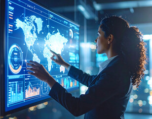 Businesswoman interacts with a large interactive screen displaying global data visualizations.