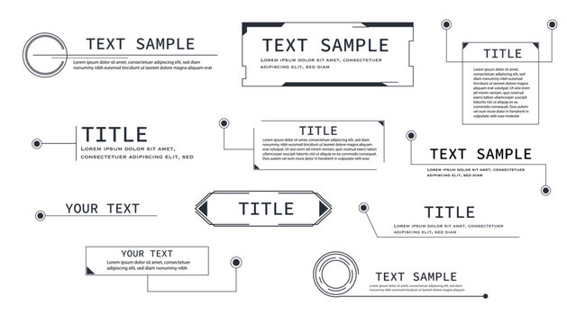 Text box frame, title callout tech hud border menu, modern line interface board. Set game elements, web design template for text, banner.