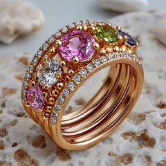 Multicolored gemstone rings stacked together high resolution picture