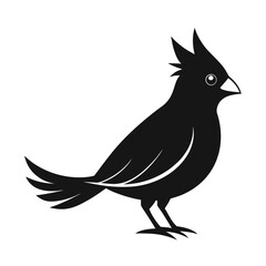 Silhouette of a northern cardinal perched on its feet showcasing its distinctive crest and pointed beak against a white background