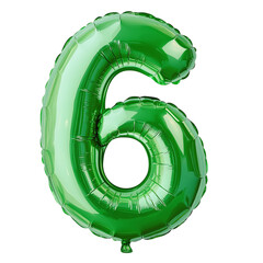 Green balloon shaped as the number six, isolated on transparent background