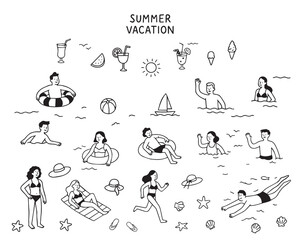 Obraz premium Summer holidays concept in doodle style. Summer doodle icons. Men and women on the beach, in the sea, cocktail, ice cream, shells. Vector drawings for poster, print, banner. Vector