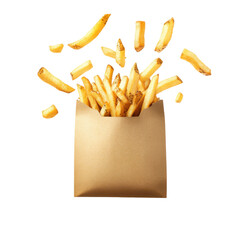 Crispy Golden French Fries in a Brown Paper Bag with Flying Pieces, Perfect Snack for Any Occasion on transparent background
