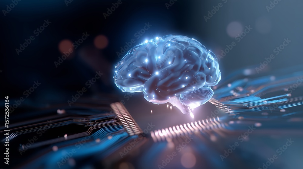 Poster digital representation of a brain on a circuit board symbolizing artificial intelligence and technol