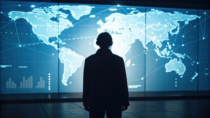 A solitary figure contemplates a glowing digital world map displaying global connections and data visualizations
