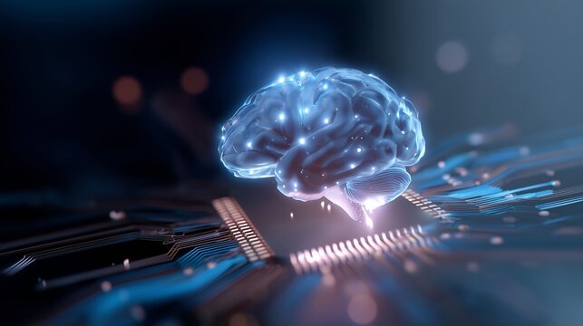 Digital representation of a brain on a circuit board symbolizing artificial intelligence and technology integration