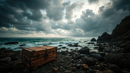 Vintage Chest on Rocky Shore, Sea View Landscape