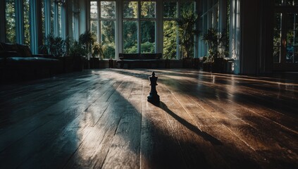 Black chess king on sunlit wooden floor