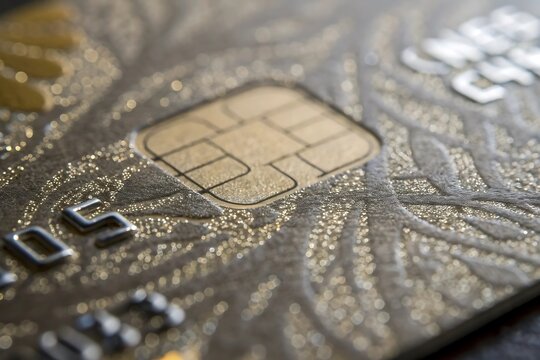 Close up macro shot of a golden credit card chip and embossed numbers with bokeh