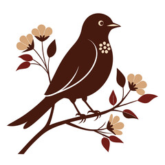 Charming silhouette of a brown bird perched on a branch adorned with delicate flowers and leaves