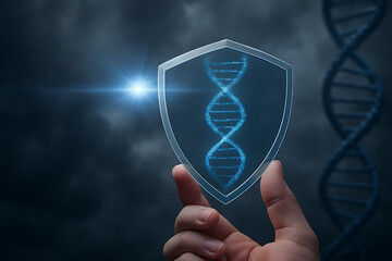 Hand holding DNA with an hourglass symbolizing time and the intricate design of life's concept