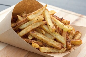 Golden French fries served in brown paper cone on rustic wooden surface, seasoned with pepper and subtle spices