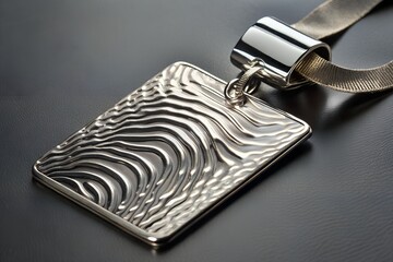 A silver lanyard and textured badge, a stylish choice for professional identification and access