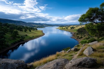 Fototapeta premium Expansive Panoramic View of Serene Dam Reservoir Landscape