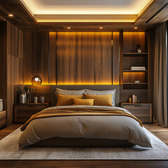 Upscale apartment bedroom showcasing rich wood detailing, atmospheric lighting, and tranquil tones 