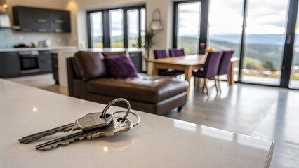 House keys on white surface with stylish interior background featuring leather sofa, wooden table, and scenic glass windows suggesting comfort, ownership, and lifestyle