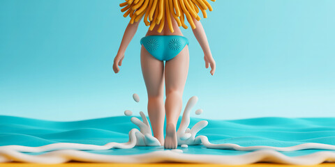 Playful clay-style figure of a girl with pasta hair walking into the ocean. Whimsical summer scene with waves.
