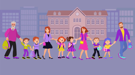 Back to school. Parents take their children to school. Dad, Mom, Grandpa, and children. Family lifestyle. Happy boys and girls with books and backpacks go to school. Flat style vector illustration