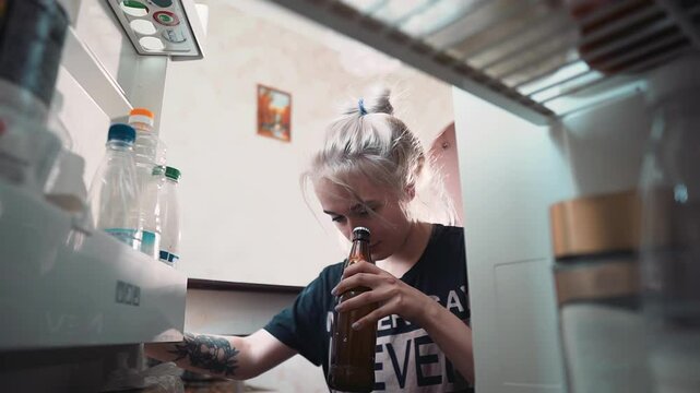 The woman opens the refrigerator and takes a bottle of beer. She opens it with her eye