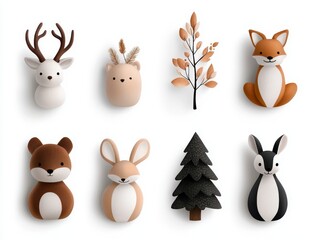 Naklejka premium Watercolor set Forest Animals and Trees watercolor woodland bear squirrel sparrow fox rabbit snail hedgehog Christmas tree stump for nursery wallpaper wall decor stickers.