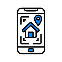 Real estate location icon on smartphone in flat outline style