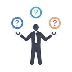 Man juggling three question marks in circles