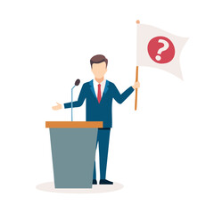 Man holding flag with question mark on podium