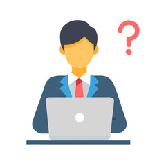 Businessman at laptop with question mark