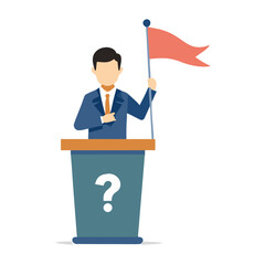 Man on podium raising red flag with question symbol