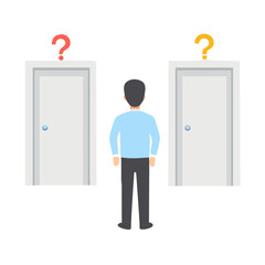 Man choosing between two doors with question marks