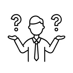 Confused man shrugging icon with question marks in outline style