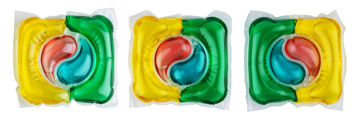 There are three washing capsules on a white background