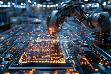 A robotic arm assembling microchips in a modern factory setting,