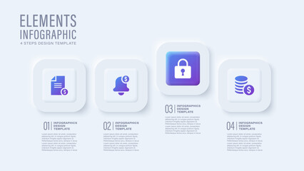 White neumorphism vector infographic template. Four steps or options business infographic layout with icons.