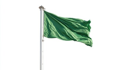 Waving emerald green flag on white background, a symbol of nature