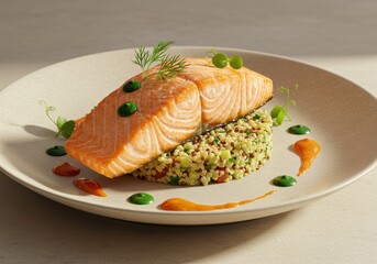 Delicious salmon fillet served on a bed of quinoa with vibrant sauces and fresh herbs for a gourmet dining experience