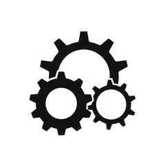 Three interlocking black gears working together as a team isolated on white background