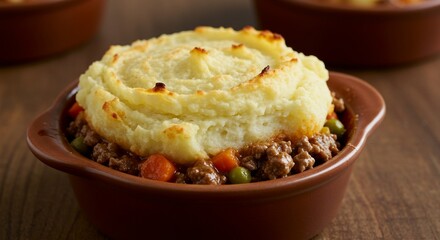 A mini shepherd's pie with mashed potato topping.