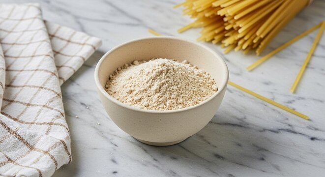 Bowl of flour with spaghetti and a kitchen towel on marble surface background - Powered by Adobe