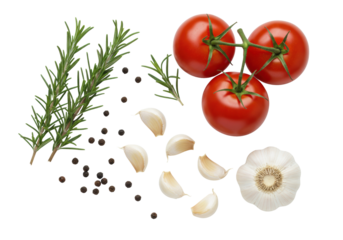 Three plump red tomatoes on vine, fresh green rosemary sprigs, white garlic cloves, black peppercorns on transparent background, top-down, no shadows, concept of fresh culinary ingredients for