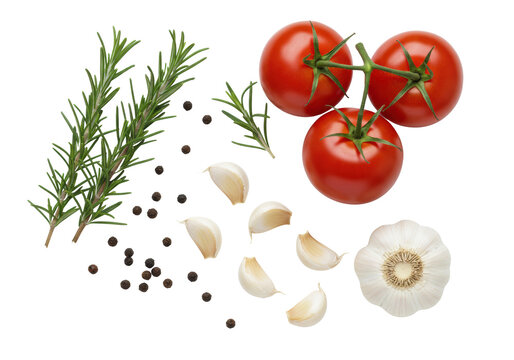 Three plump red tomatoes on vine, fresh green rosemary sprigs, white garlic cloves, black peppercorns on transparent background, top-down, no shadows, concept of fresh culinary ingredients for