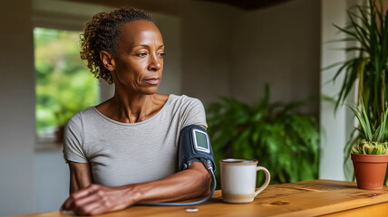 Routine high blood pressure check, elderly Latina woman checking her blood pressure , neutral background with indoor plants concept of prevention of health and well-being of the elderly
