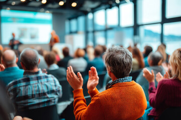 Audience clapping during business conference after speaker presentation