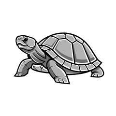 A grayscale illustration of a tortoise, walking steadily, showcasing detailed shell and limb features.