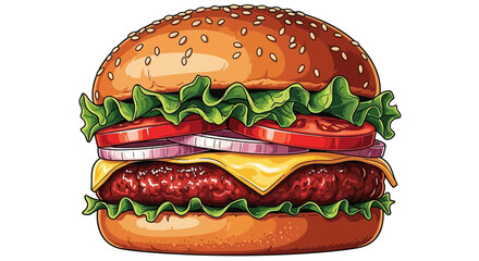 A juicy cheeseburger, layered with lettuce, tomato, onion, and melted cheese, sits on a sesame seed bun.