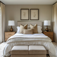 Obraz premium Serene bedroom design with symmetrical nightstands, simple bed setup, and a harmonious neutral background 