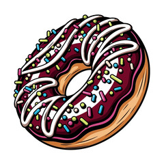 Cartoon donut with chocolate frosting, white icing drizzle, and colorful sprinkles.