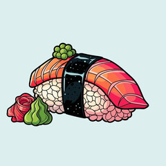 Illustration of a salmon nigiri sushi with wasabi and ginger on a light blue background.
